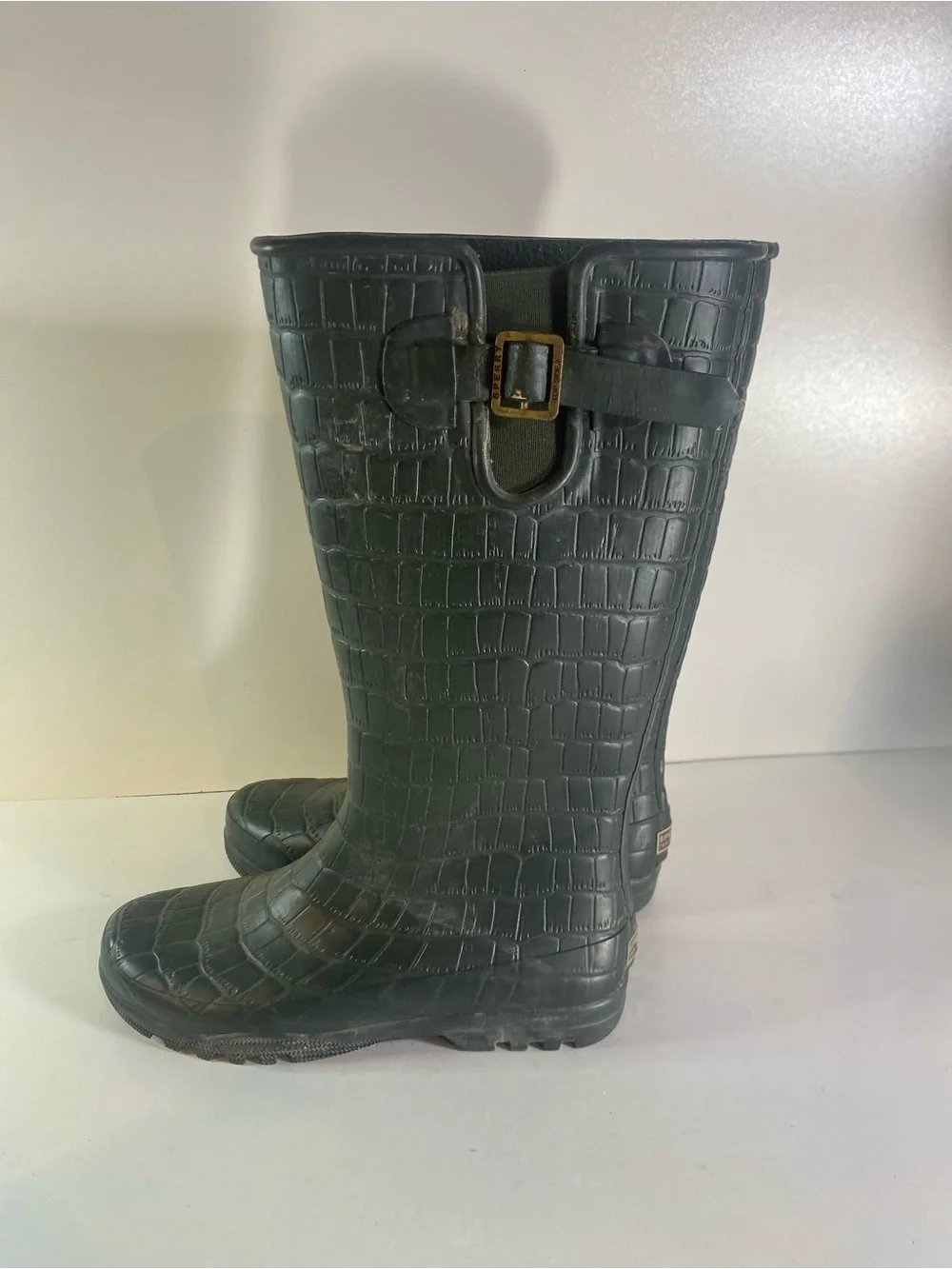 Sperry Top Sider Faux Crocodile Green Rubber Rain Boots Size 8